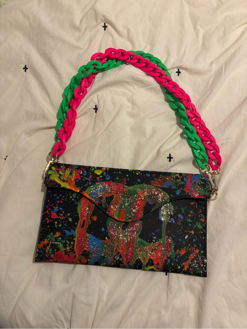 Paint-Splash Black Clutch with Neon Chain Strap
